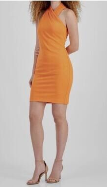 Rachel Roy Women Harland Crisscross Halter Nectarine Orange Mini Dress Small